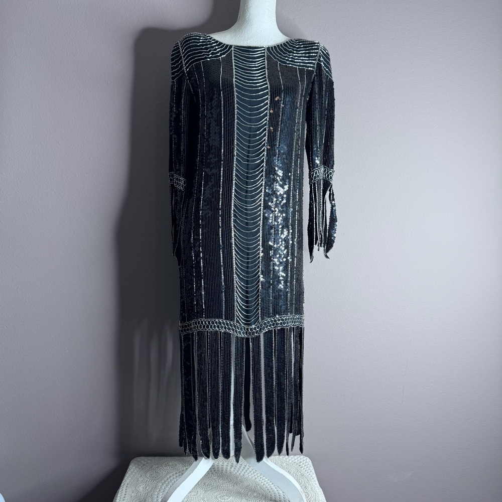 Metamorphosis VINTAGE Black Fringe Dress Medium Black Silk Beaded Sequins 1970s